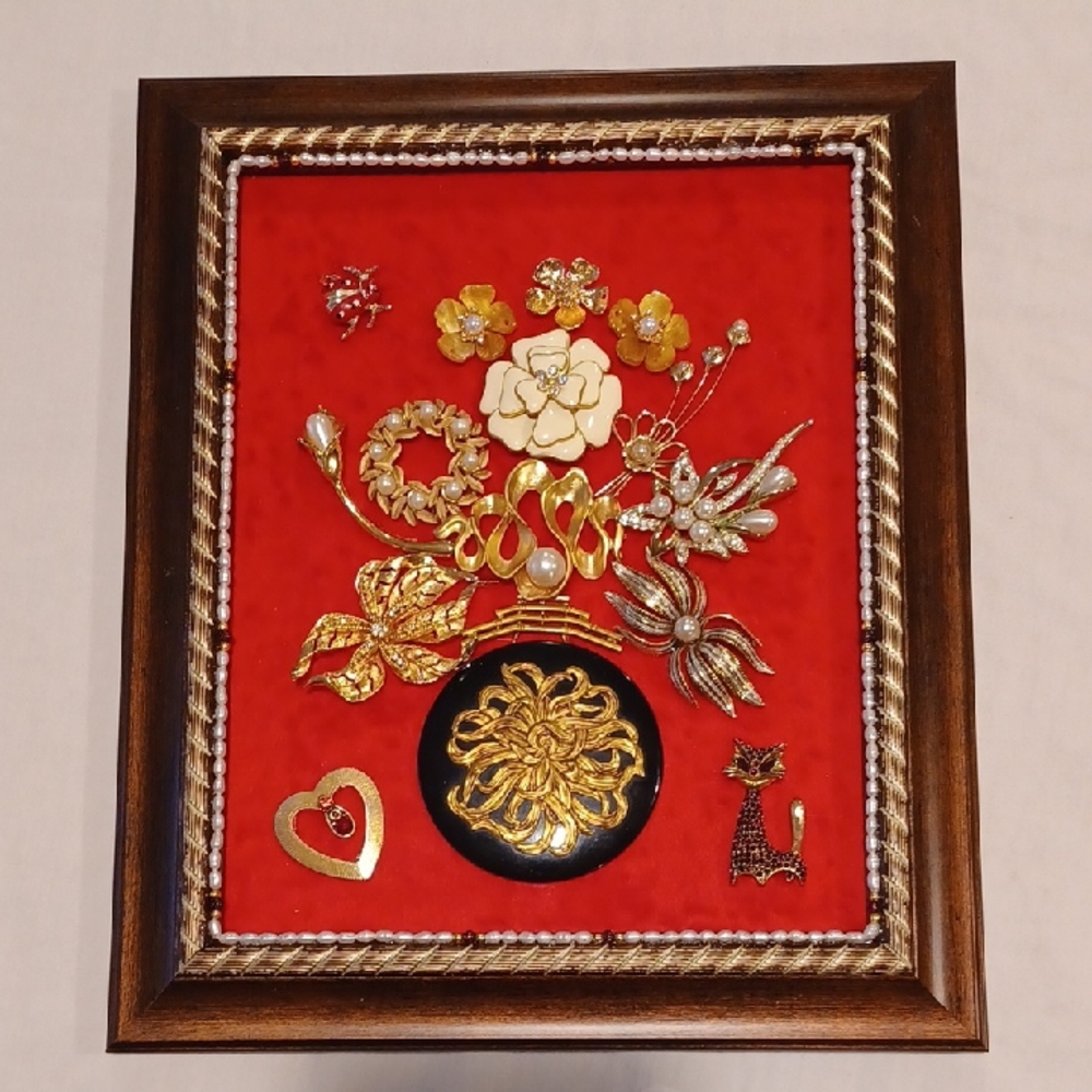 Floral Picture Art With A Red Background And A Wooden Frame